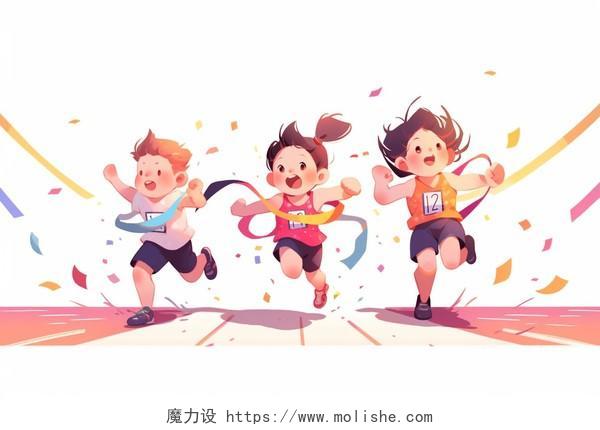 三个可爱的孩子在跑道上奔跑冲刺卡通AI插画儿童比赛跑步运动会